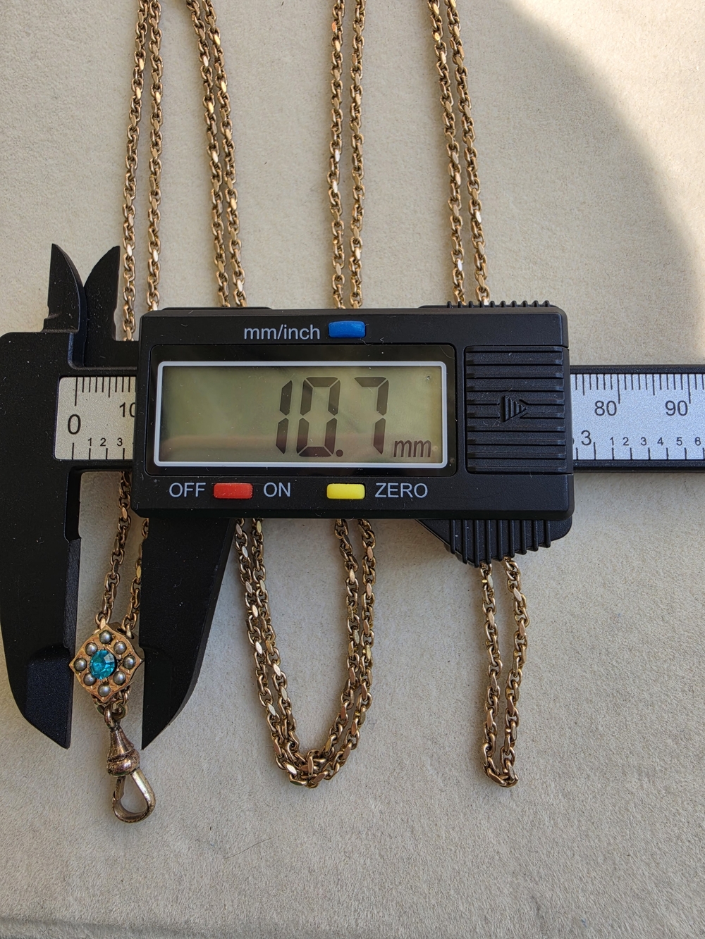 Antique Gold-Tone Watch Chain with Genuine Seed Pearls & Blue Paste Glass - Picture 6 of 12
